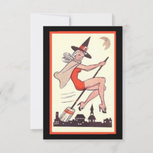 Cute Vintage Halloween Witch On Broom