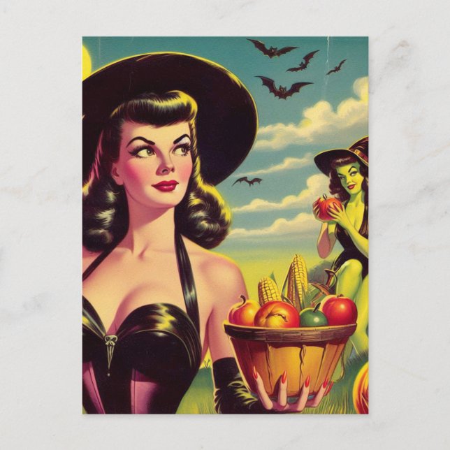Cute Vintage Halloween Witch Pin-up Postcard (Front)