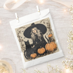 Cute Vintage Halloween Witch with Black Cat Favour Bags