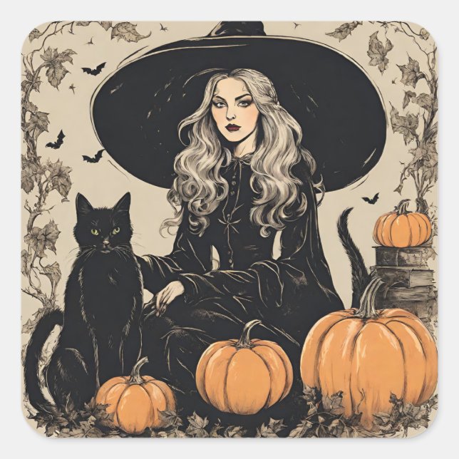Cute Vintage Halloween Witch with Black Cat Square Sticker (Front)
