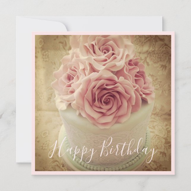Cute Vintage Happy Birthday Rose Cake Holiday Card (Front)