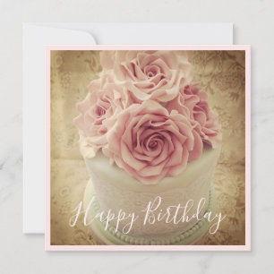 Cute Vintage Happy Birthday Rose Cake Holiday Card
