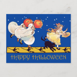 Cute Vintage Happy Halloween Black Cat, Ghosts Postcard