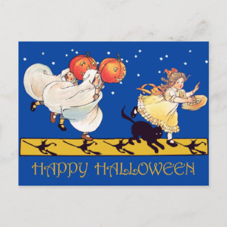 Cute Vintage Happy Halloween Black Cat, Ghosts Postcard
