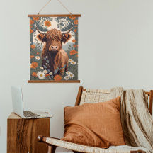 Cute Vintage Highland Cow Daisy Field