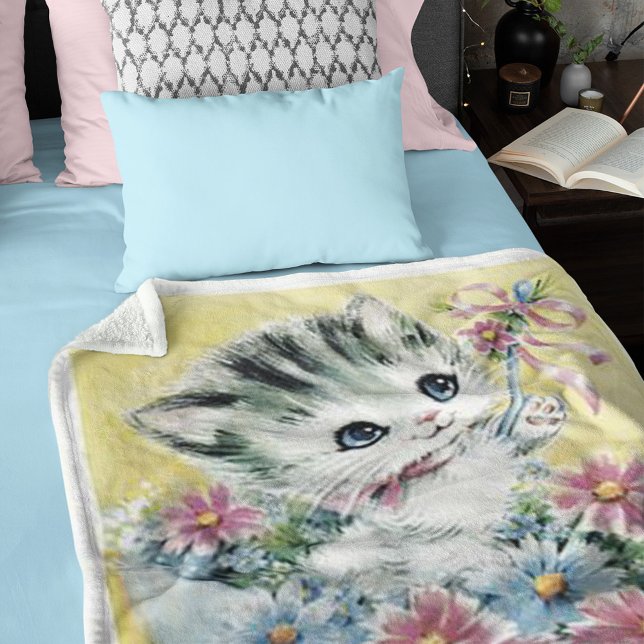 Cute Vintage Image Kitten Umbrella Spring Flowers Fleece Blanket (Creator Uploaded)