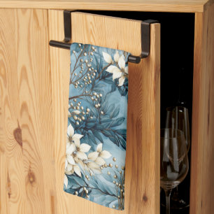Cute Vintage Inspired Blue Christmas Florals Tea Towel