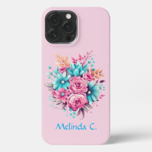 Cute Vintage Inspired Pink and Teal Florals iPhone 13 Pro Max Case