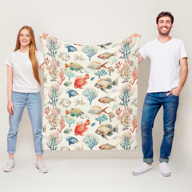 Cute Vintage Inspired Sea Life Pattern Fleece Blanket (In Situ)