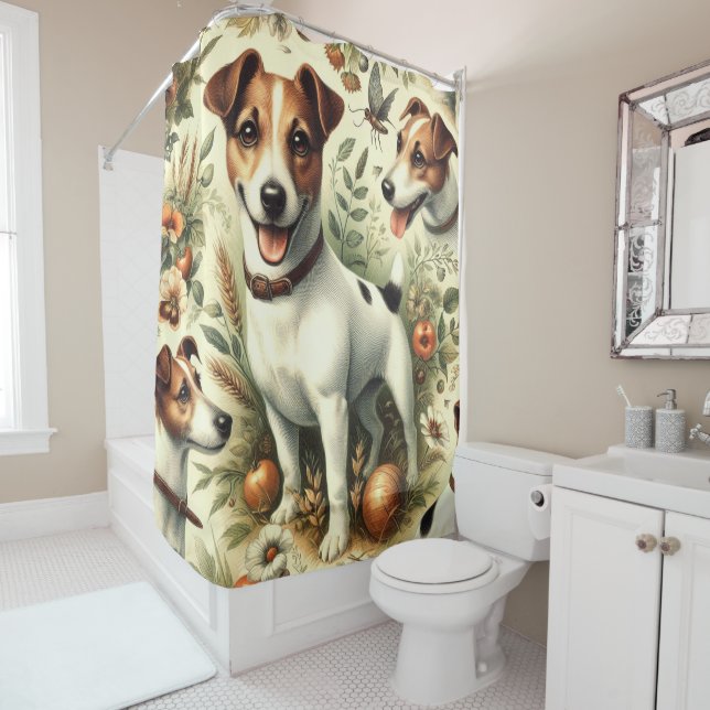 Cute Vintage Jack Russell Terrier Shower Curtain (In Situ)