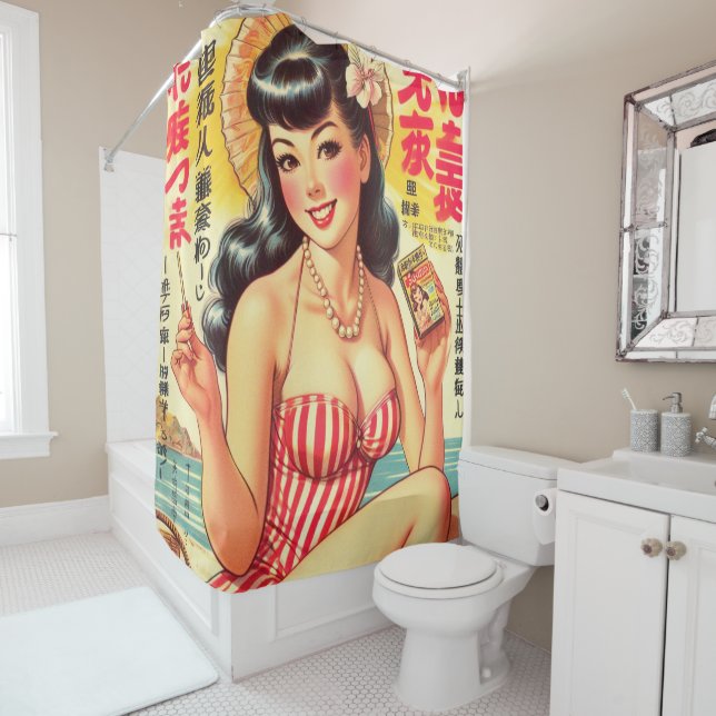 Cute Vintage Japanese Girl Shower Curtain (In Situ)