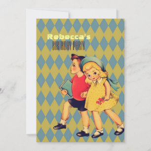 cute vintage kids retro children birthday party invitation