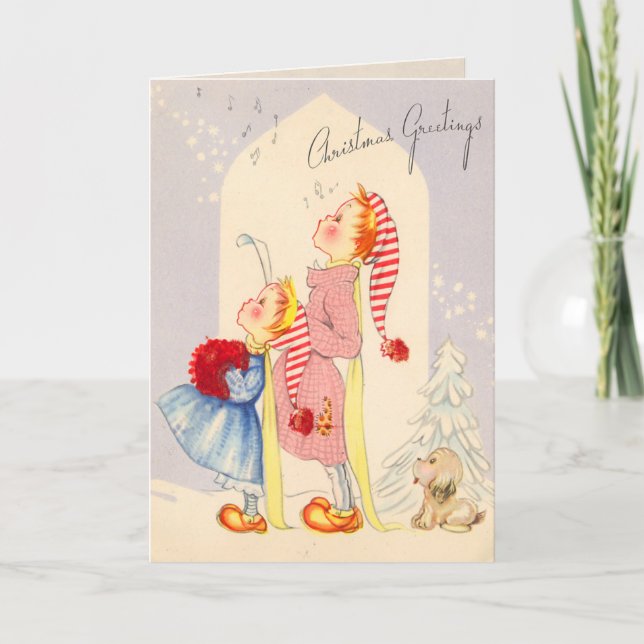 Cute Vintage Kids Singing Christmas Card (Front)