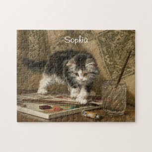 Cute Vintage Kitten Art, Name Jigsaw Puzzle