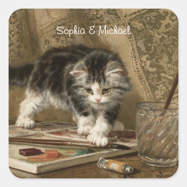 Cute Vintage Kitten Art, Names Square Sticker (Front)