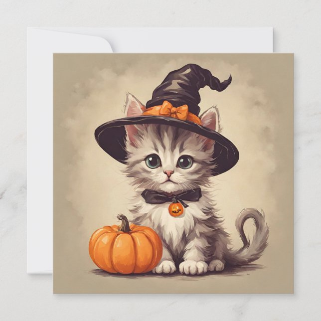 Cute Vintage Kitten in Halloween Witch Costume  Card (Front)