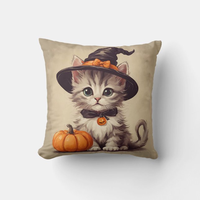 Cute Vintage Kitten in Halloween Witch Costume  Cushion (Front)