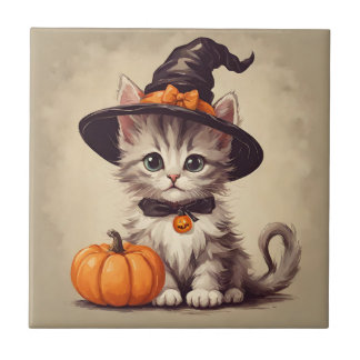 Cute Vintage Kitten in Halloween Witch Costume Tile