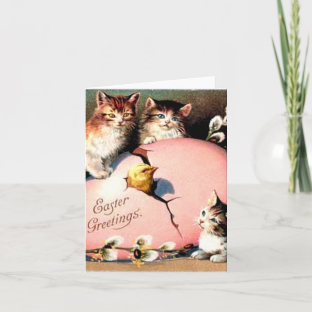 Cute Vintage Kittens Easter Greetings Card (Front)