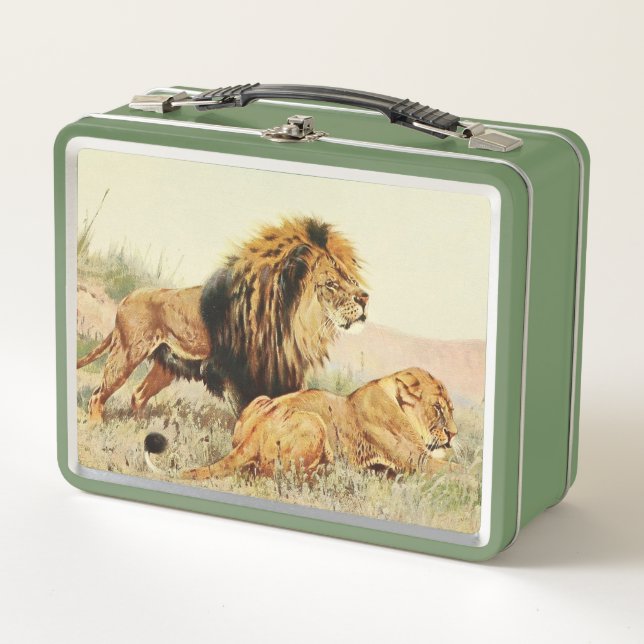 cute vintage lion lovers metal lunch box (Front)