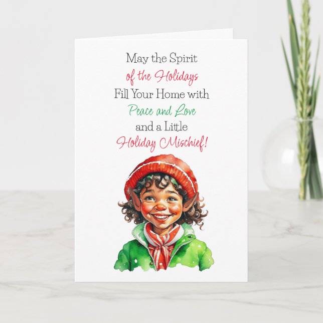 Cute Vintage Little Elf Christmas Blessings Card (Front)