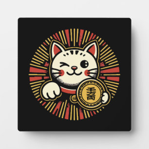 Cute Vintage Maneki Neko Lucky Cat, Success Money  Plaque