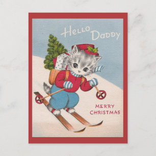 Cute Vintage Merry Christmas Dad Skiing Cat Postcard
