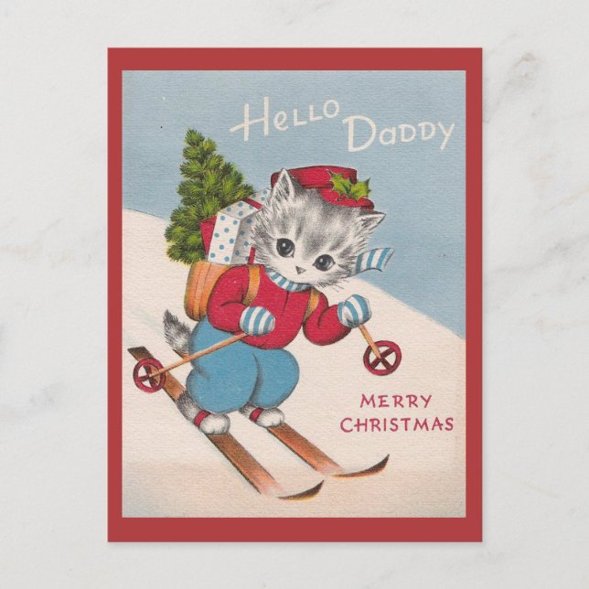 Cute Vintage Merry Christmas Dad Skiing Cat Postcard (Front)