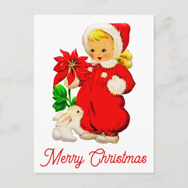 Cute Vintage Merry Christmas Retro Girl Postcard (Front)