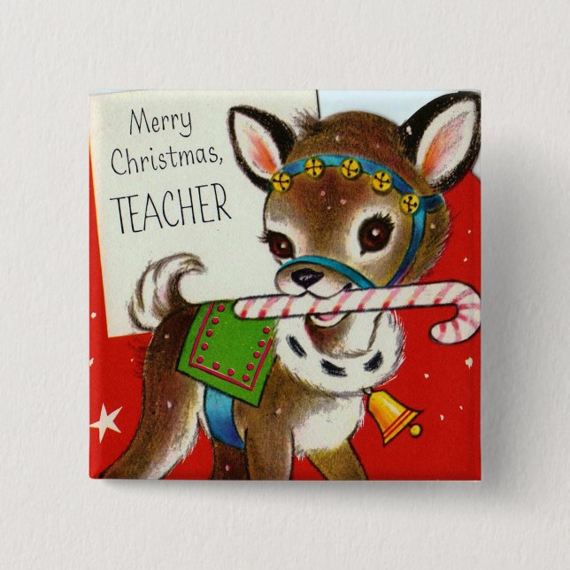 Cute Vintage Merry Christmas Teacher button retro (Front)