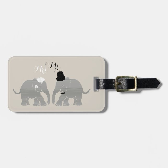 Cute Vintage Mr. & Mrs. Bride and Groom Elephants Luggage Tag (Front Horizontal)