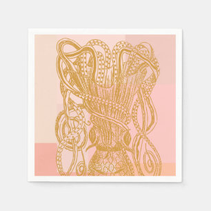 Cute Vintage Octopus Line Art Illustration in Pink Napkin