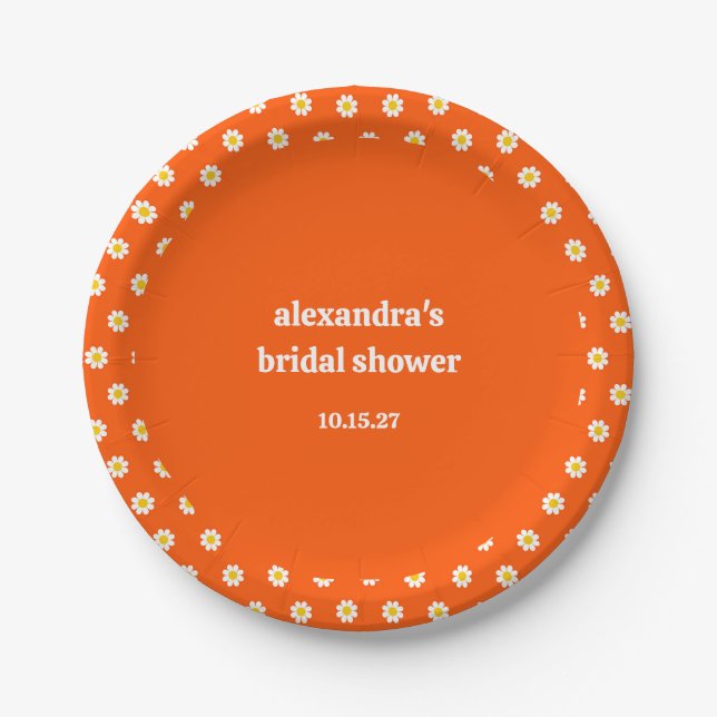 Cute Vintage Orange Daisies Bridal Shower Custom Paper Plate (Front)