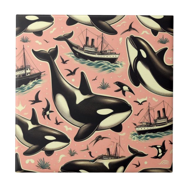 Cute Vintage Orca Pattern Tile (Front)