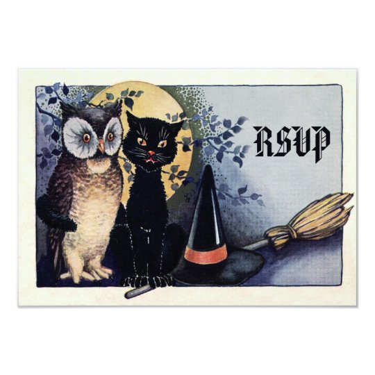 Cute Vintage Owl and Cat Halloween RSVP Card