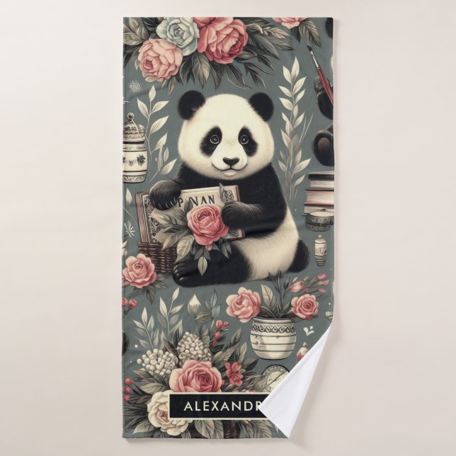 Cute Vintage Panda Floral Bath Towel (Bath Towel)