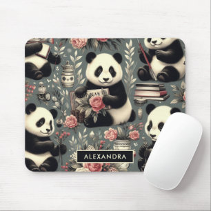 Cute Vintage Panda Floral Mouse Mat