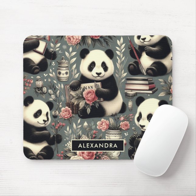 Cute Vintage Panda Floral Mouse Mat (With Mouse)