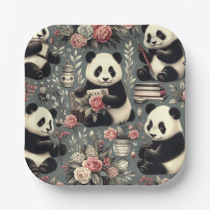 Cute Vintage Panda Floral Paper Plate