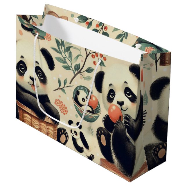 Cute Vintage Panda Seamless Painting Large Gift Bag (Front Angled)