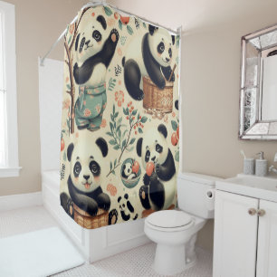 Cute Vintage Panda Seamless Painting Shower Curtain
