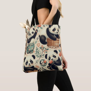 Cute Vintage Panda Seamless Painting Tote Bag