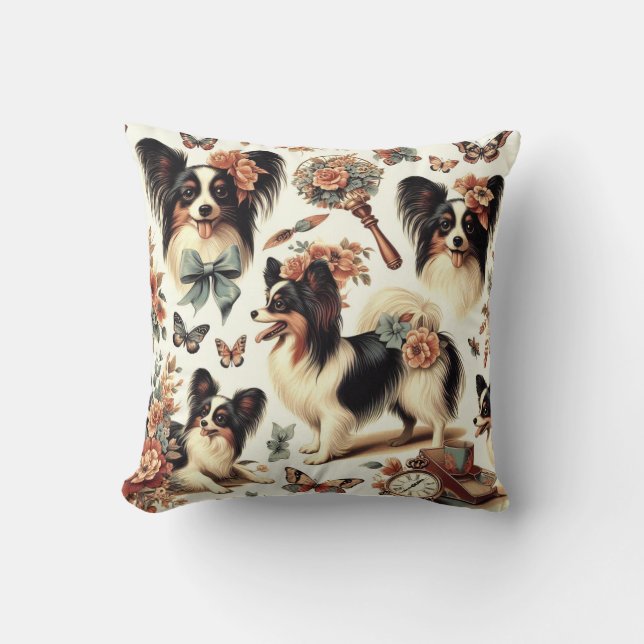 Cute Vintage Papillon Dog Illustration Cushion (Front)
