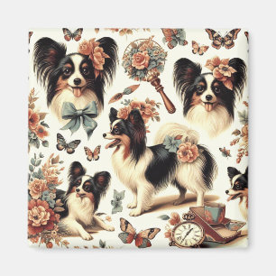 Cute Vintage Papillon Dog Illustration Magnet