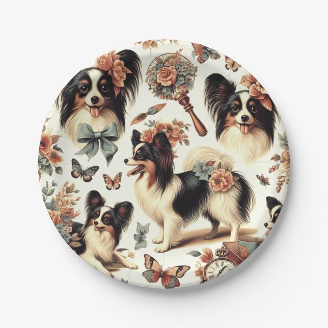 Cute Vintage Papillon Dog Illustration Paper Plate (Front)