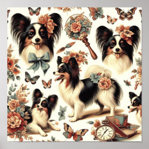 Cute Vintage Papillon Dog Illustration Poster