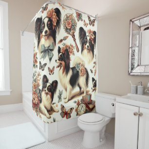Cute Vintage Papillon Dog Illustration Shower Curtain