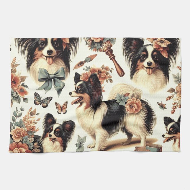 Cute Vintage Papillon Dog Illustration Tea Towel (Horizontal)