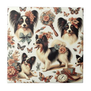 Cute Vintage Papillon Dog Illustration Tile