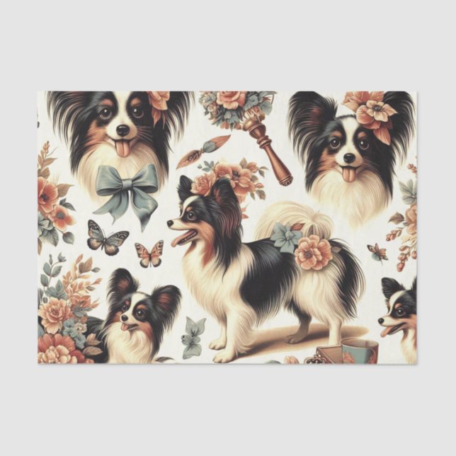 Cute Vintage Papillon Dog Illustration Tissue Paper (Front)